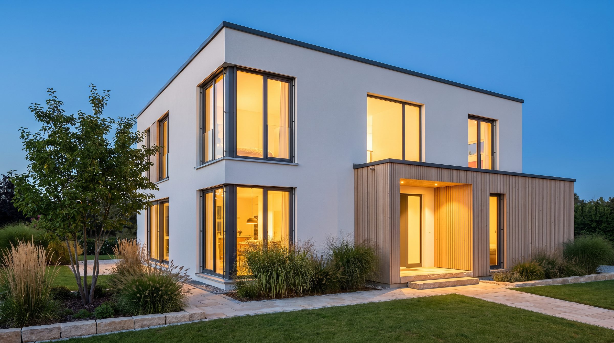 Modernes Einfamilienhaus mit Flachdach zur blauen Stunde, Foto aus einem Exposé