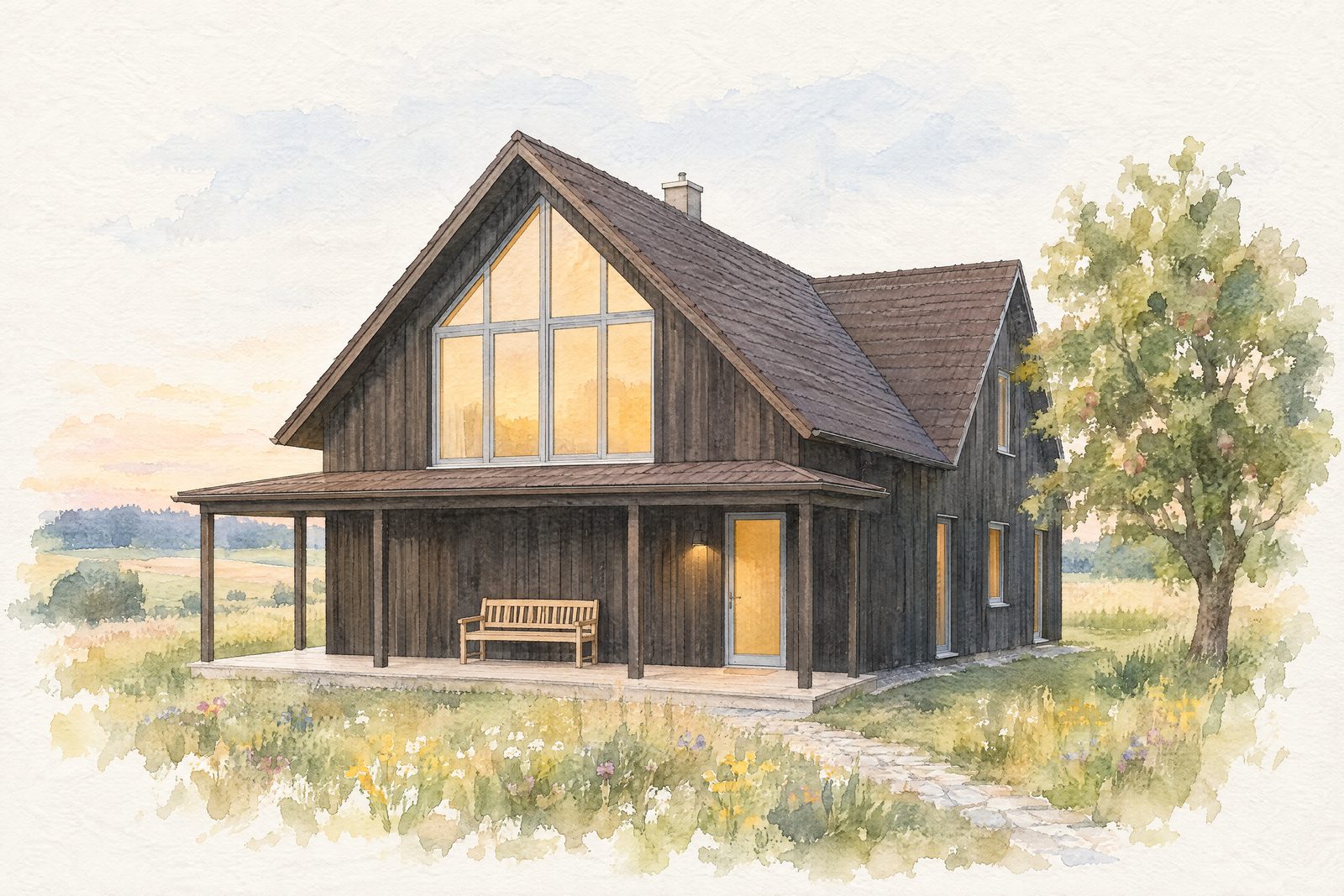 Dasselbe Holzhaus als Aquarell