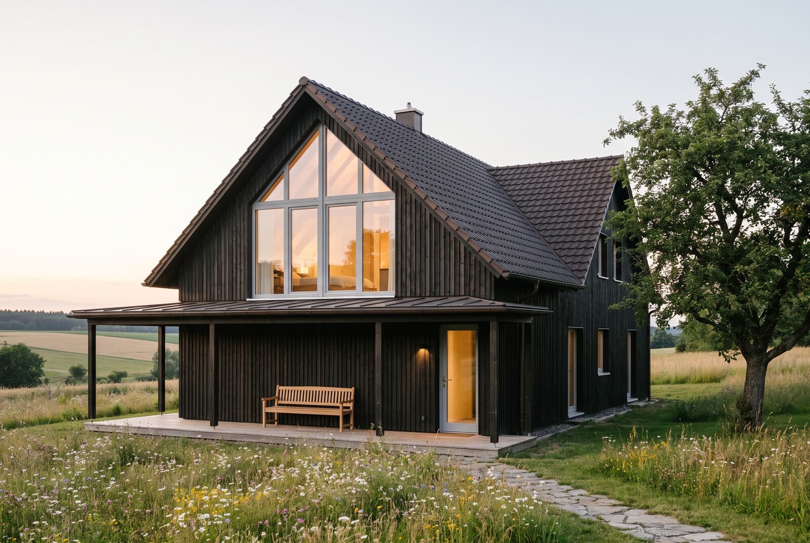 Foto eines dunklen Holzhauses mit Veranda am Feldrand