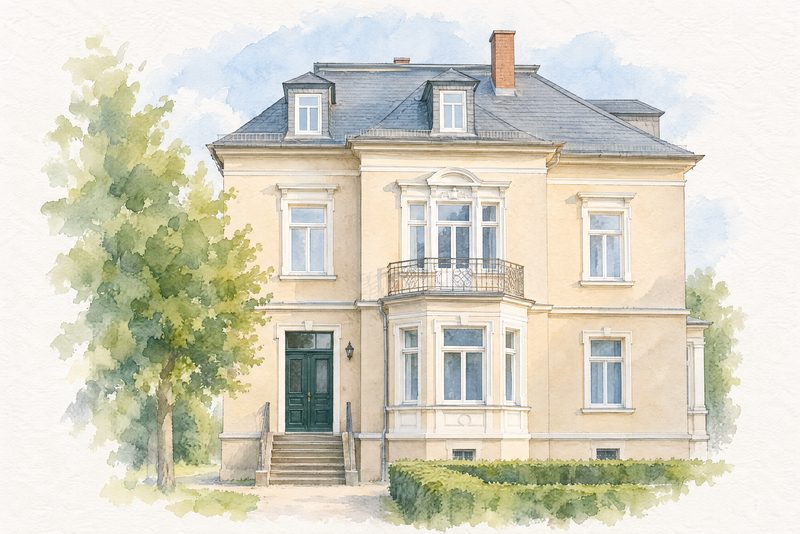 Aquarell einer Gründerzeitvilla mit Erker und Balkon